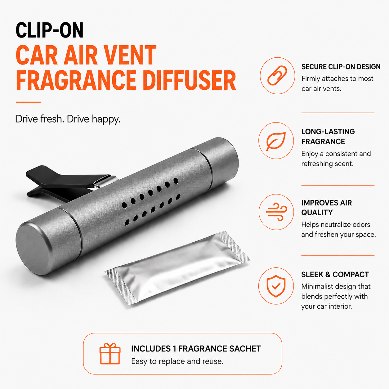 Clip-on car air vent fragrance diffuser