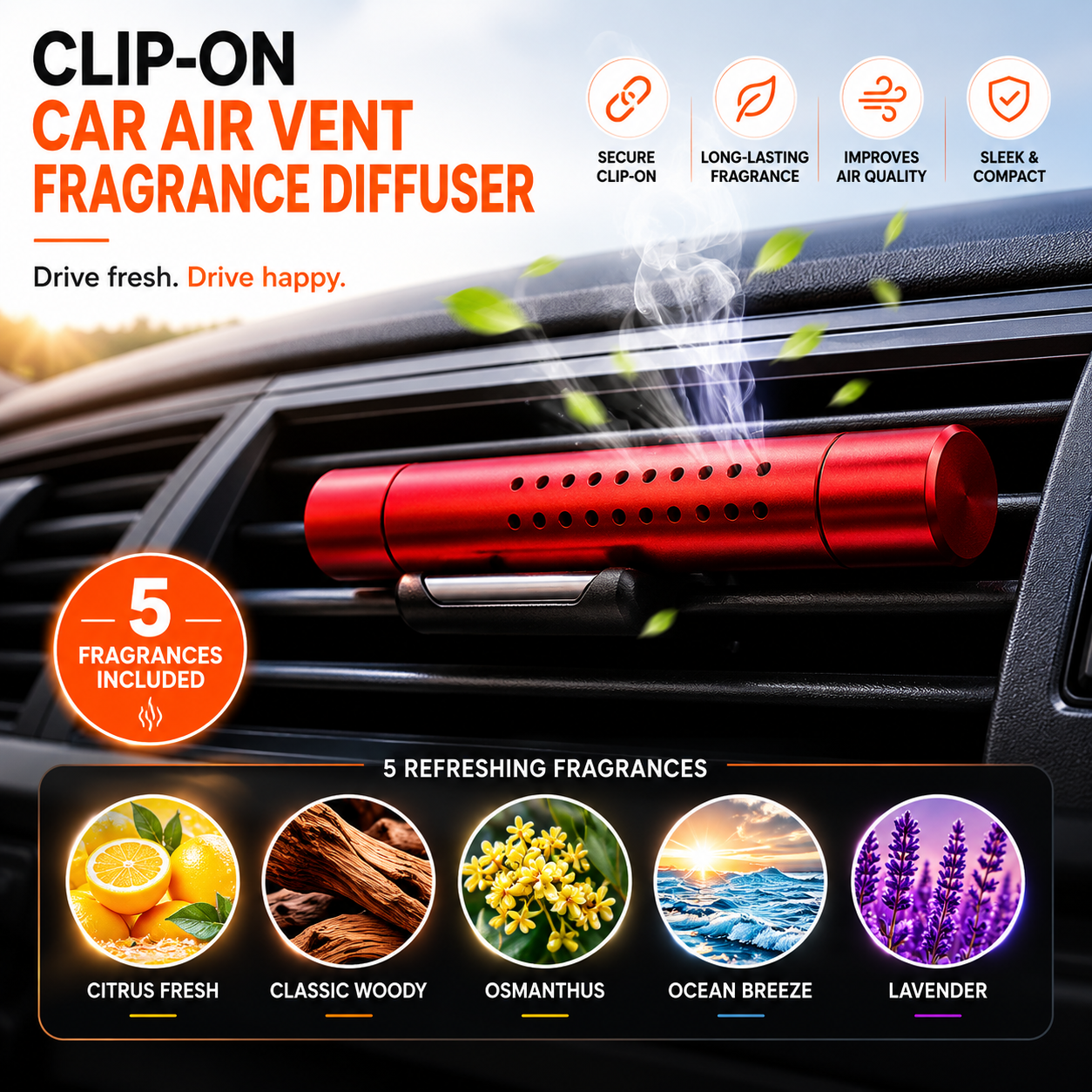 Clip-on car air vent fragrance diffuser